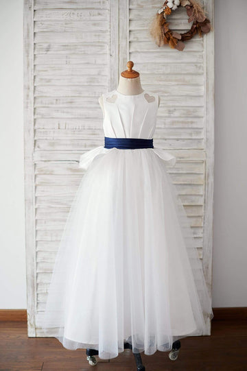 Ivory Satin Tulle Wedding Flower Girl Dress with Navy Blue Belt