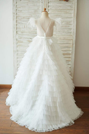 Ivory Tulle Cap Sleeves V Back Cupcake Wedding Flower Girl Dress with Train