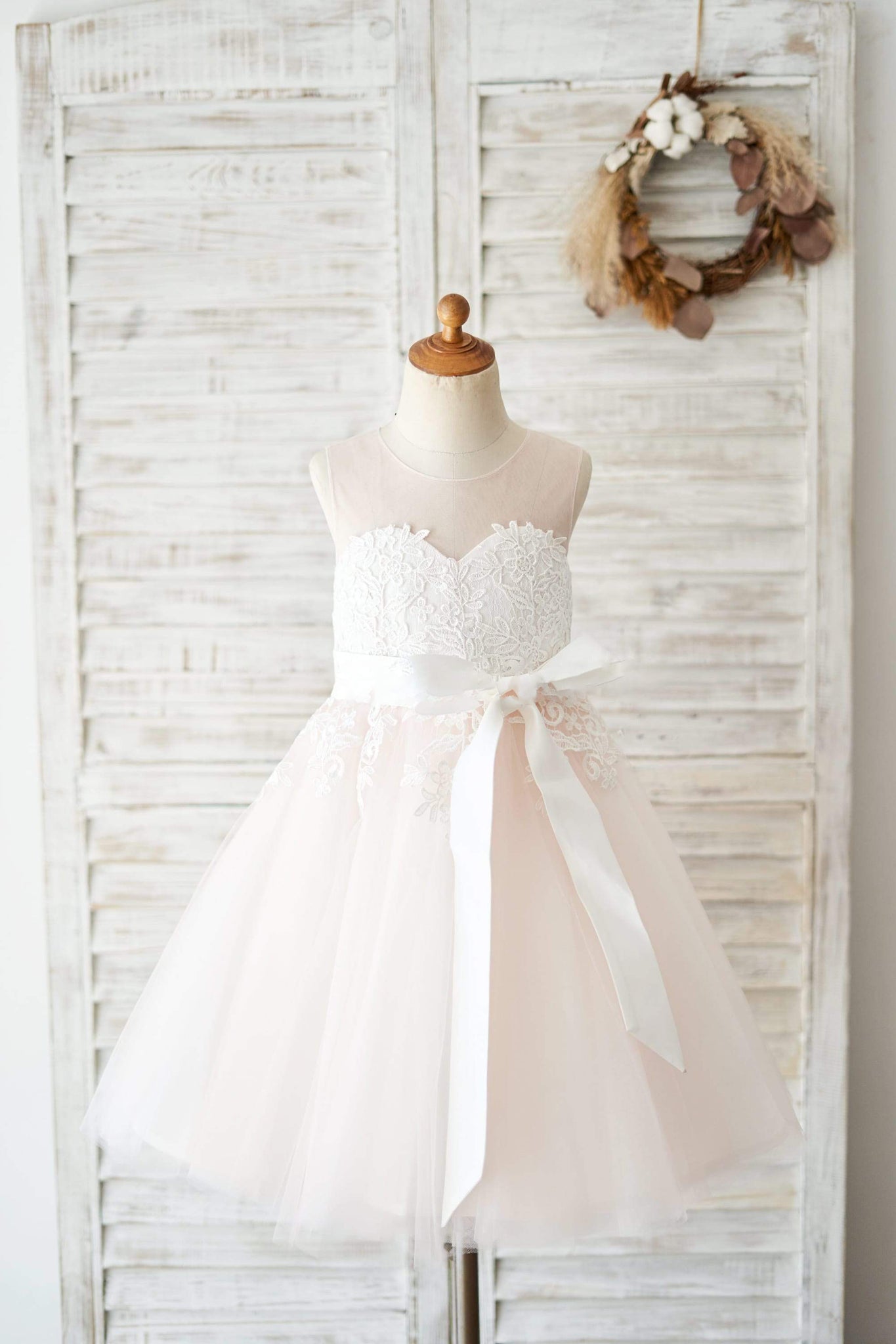 Girls Ivory Lace Pink Tulle Flower Girl's Dress Party Dress Communion Dress