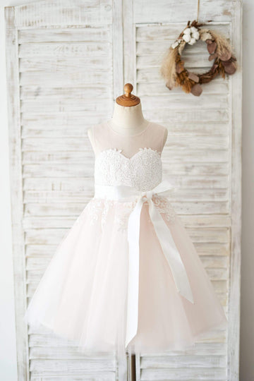 Girls Ivory Lace Pink Tulle Flower Girl's Dress Party Dress Communion Dress