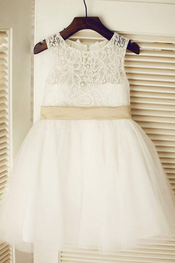 Keyhole Ivory Lace Tulle Wedding Flower Girl Dress / Champagne / Pink Bow Belt