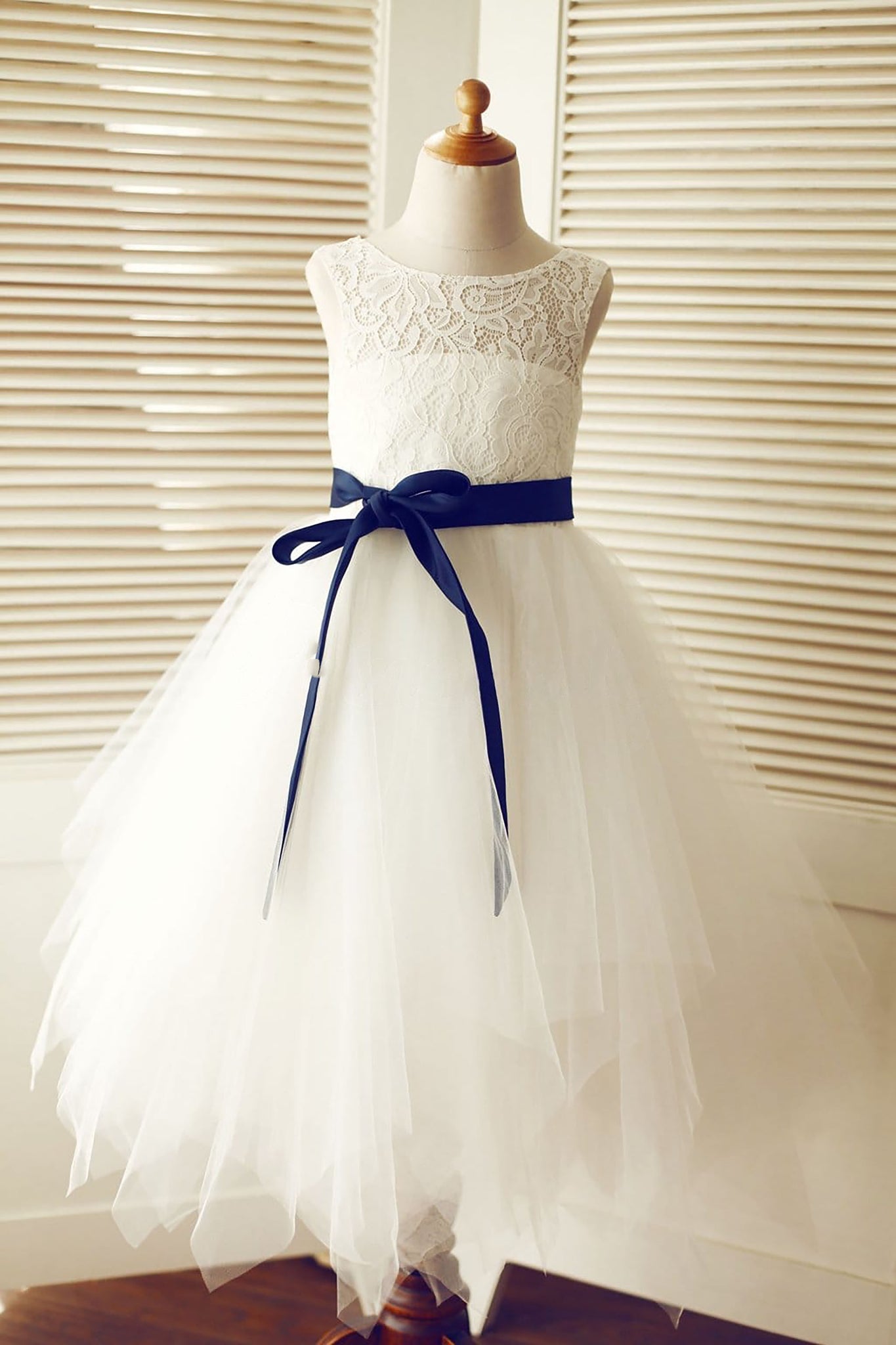 Keyhole Ivory Lace Tulle Wedding Flower Girl Dress / Navy Blue Sash