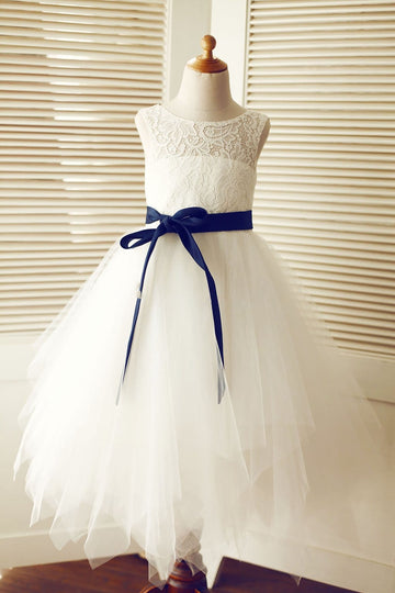 Keyhole Ivory Lace Tulle Wedding Flower Girl Dress / Navy Blue Sash