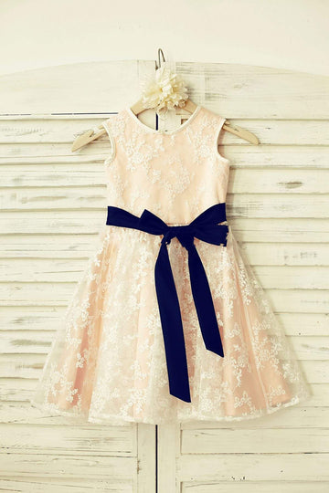 Lace Flower Girl Dress with Navy Blue Sash /Blush Pink Lining