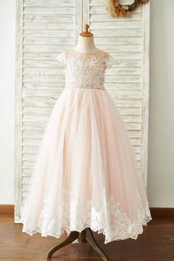 Girls Lace Tulle Cap Sleeves Floor Length Flower Girl's Dress Party Communion Dress