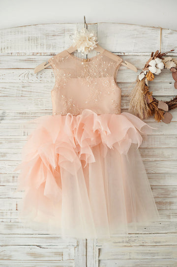 Girls Lace Tulle Organza Ruffle Party Dress