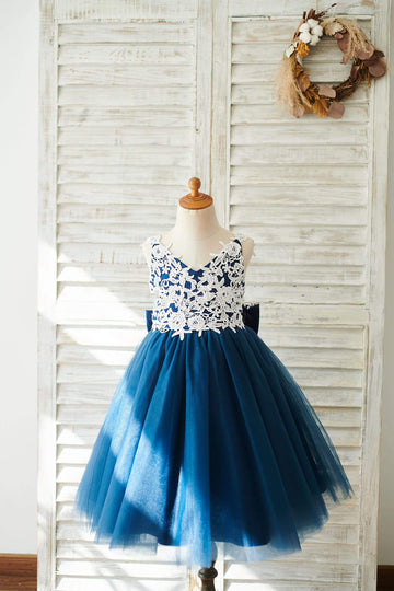 Girls Lace Tulle Flower Girl's Dress Party Dress Communion Dress with Bow