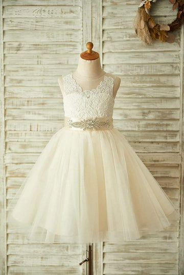 Girls Light Champagne Lace Tulle Sheer Back Wedding Flower Girl Dress with Beaded Belt