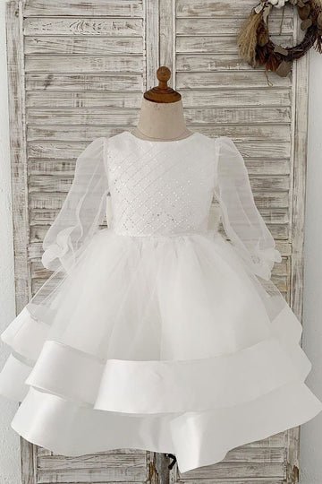 Girls Long Organza Sleeves Sequin Tulle V Back Dress