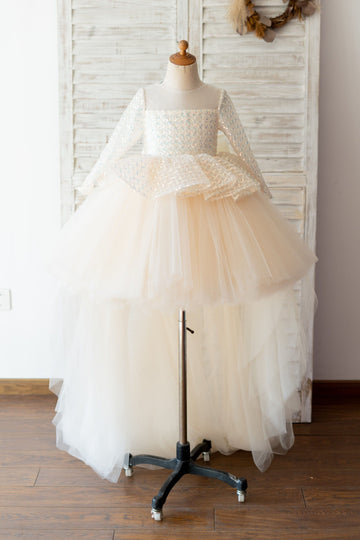 Girls Long Sleeves Champagne Sequin Tulle Hi Low Party Dress Communion Dress