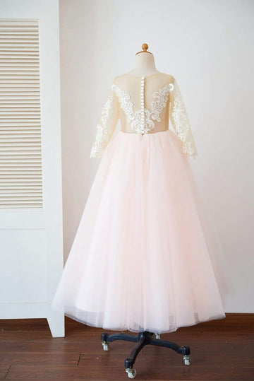 Girls Long Sleeves Ivory Lace Pink Tulle Sheer Back Wedding TUTU Flower Girl Dress