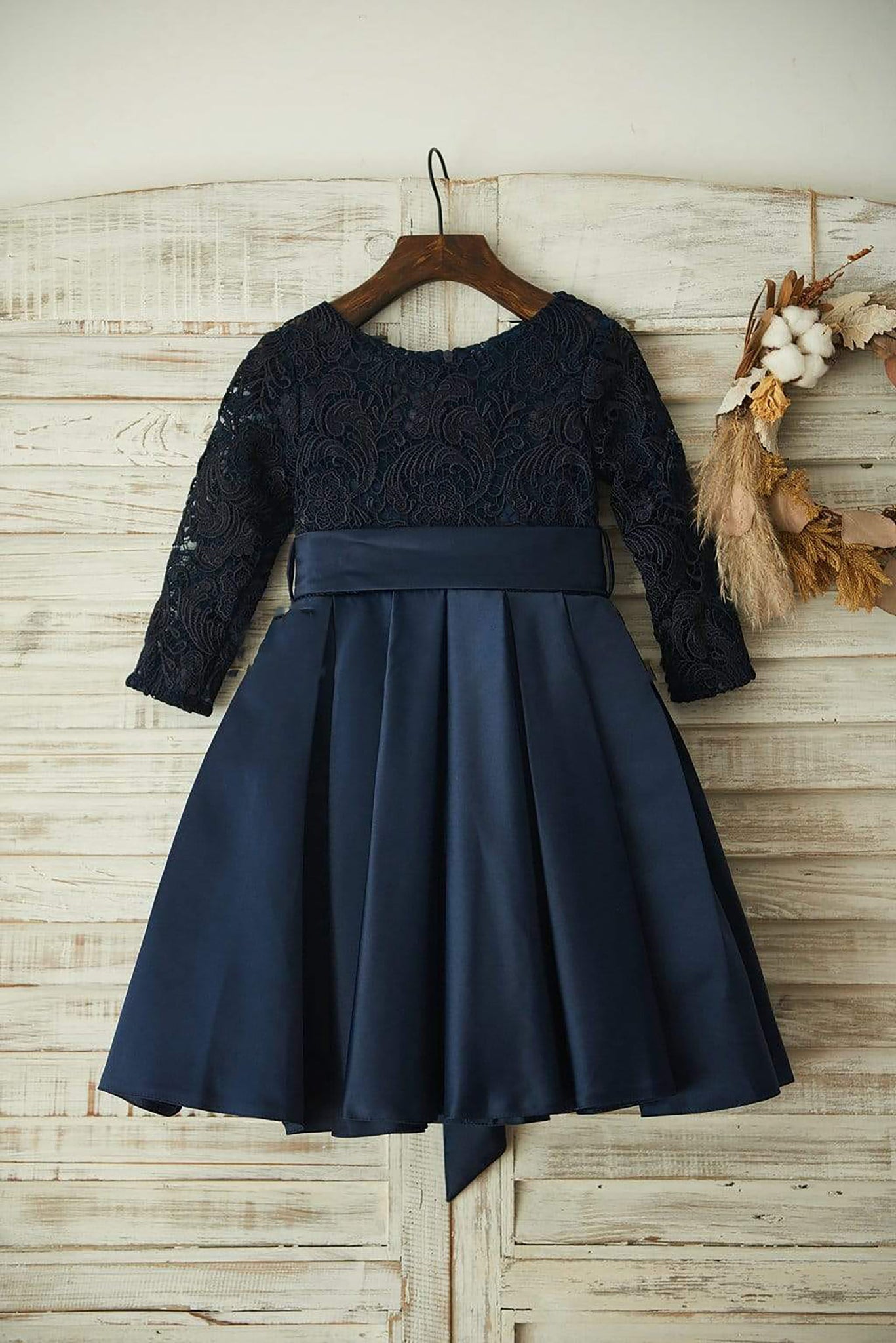 Girls Long Sleeves Navy Blue Lace Satin Wedding Flower Girl Dress with Belt