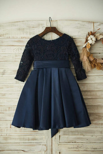 Girls Long Sleeves Navy Blue Lace Satin Wedding Flower Girl Dress with Belt