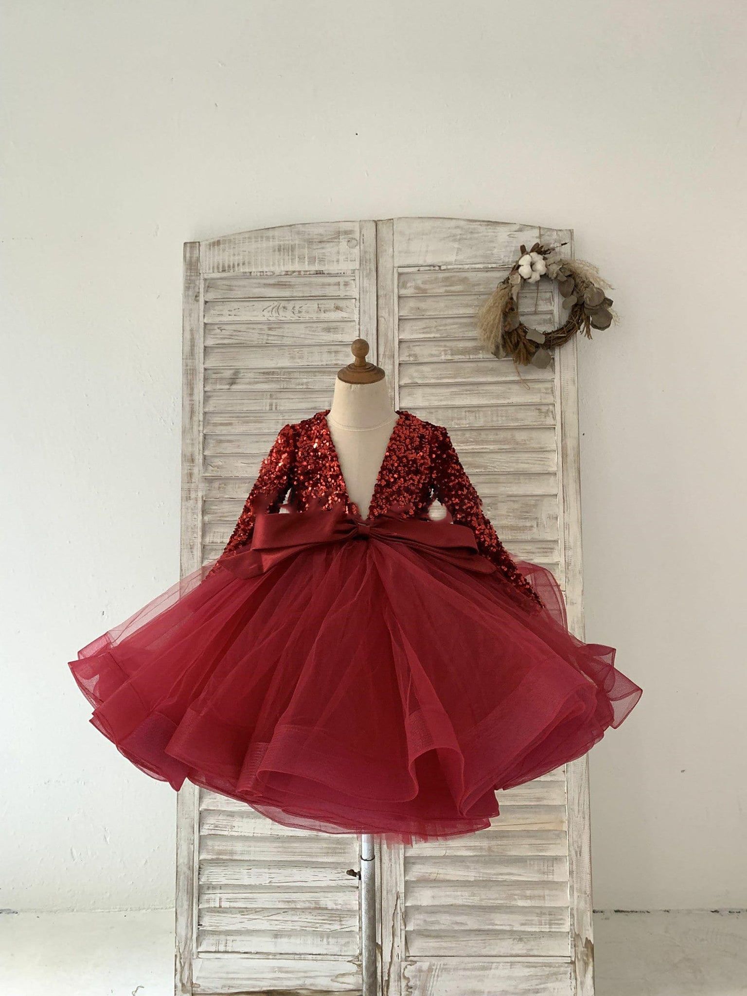 Girls Long Sleeves Sequin Tulle Flower Girl Dress Kids Party Dress TUTU Princess Dress