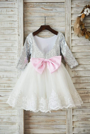 Girls Long Sleeves Silver Sequin Ivory Lace Tulle Deep V Back Wedding Flower Girl Dress Holiday Party Dress