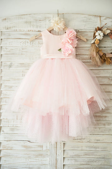 Hi-low Pink Dot Tulle Wedding Flower Girl Dress with 3D Flowers