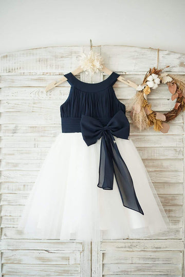 Girls Navy Blue Chiffon Ivory Tulle Halter Neck Flower Girl Dress with Bow