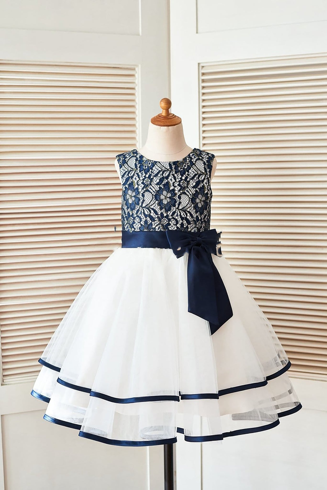 Girls Navy Blue Gold Lace Ivory Tulle Wedding Flower Girl Dress