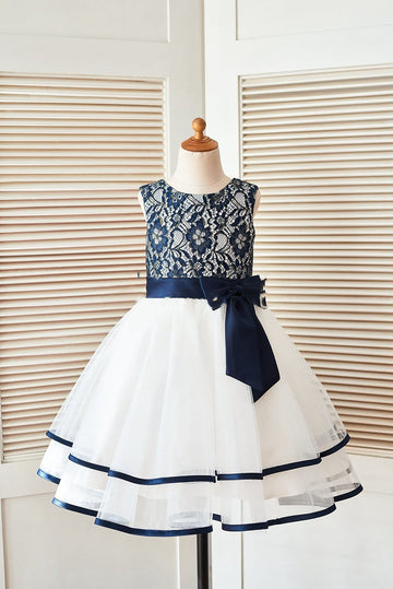 Girls Navy Blue Gold Lace Ivory Tulle Wedding Flower Girl Dress
