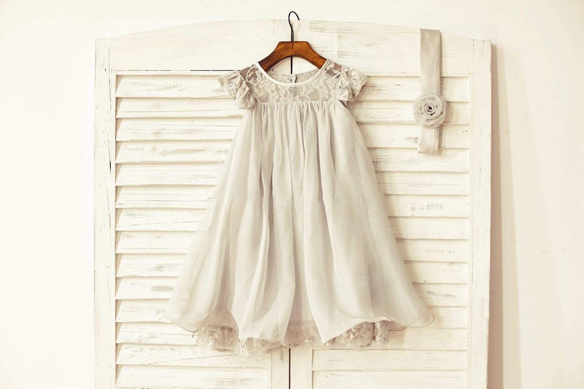 Girls Navy Blue / Ivory / Blush Pink / Grey Lace Chiffon Flower Girl Dress with Cap Sleeves