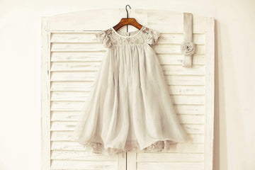 Girls Navy Blue / Ivory / Blush Pink / Grey Lace Chiffon Flower Girl Dress with Cap Sleeves