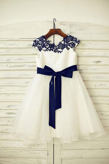 Girls Navy Blue Lace Ivory Satin Organza Flower Girl's Dress Party Dress with Navy Sash