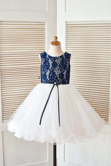 Girls Navy Blue Lace Ivory Tulle Flower Girl's Dress Party Dress Communion Dress with Curly Hem