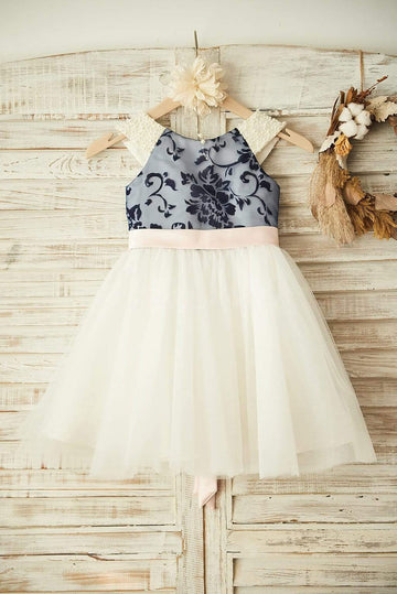 Girls V Back Navy Blue Lace Ivory Tulle Flower Girl's Dress Party Dress with Pearl / Blush Pink Bow Belt