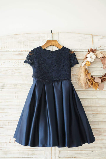 Girls Navy Blue Lace Satin Short Sleeves Keyhole Back Flower Girl's Dress Party Dress