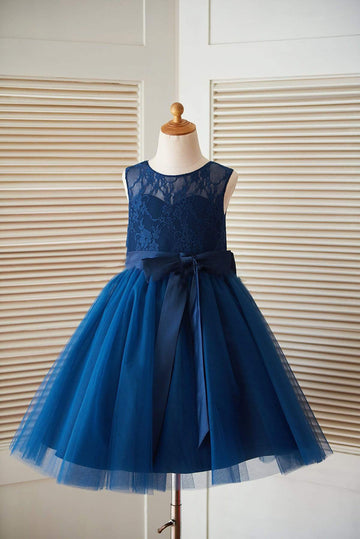 Navy Blue Lace Tulle Keyhole Back Wedding Flower Girl Dress