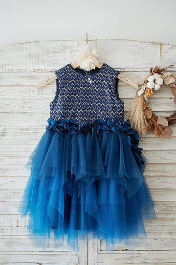 Navy Blue Sequin Tulle Wedding Flower Girl Dress with 3D Flowers