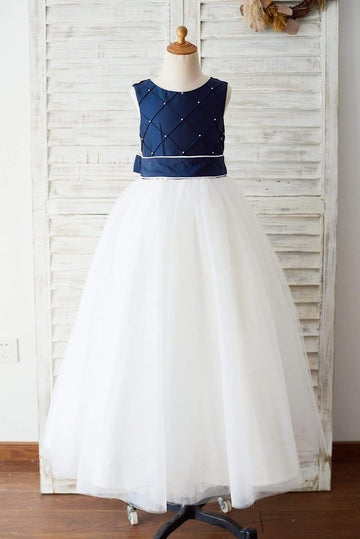 Navy Blue Taffeta Ivory Tulle Wedding Party Flower Girl Dress with Pearls