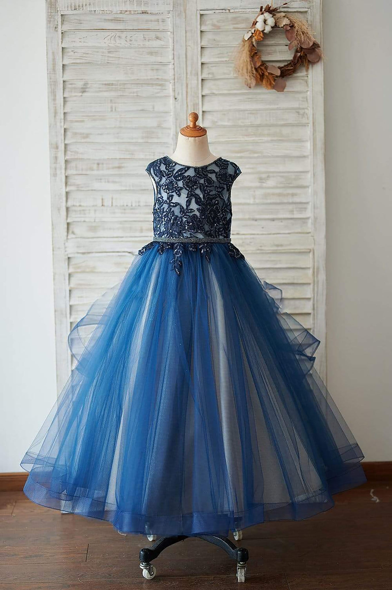 Navy Blue Tulle Organza V Back Wedding Flower Girl Dress with Beading