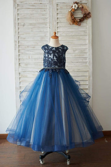 Navy Blue Tulle Organza V Back Wedding Flower Girl Dress with Beading