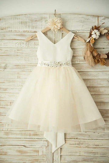 Girls V Neck Ivory Satin Champagne Tulle Flower Girl's Dress Party Dress with Beaded Belt