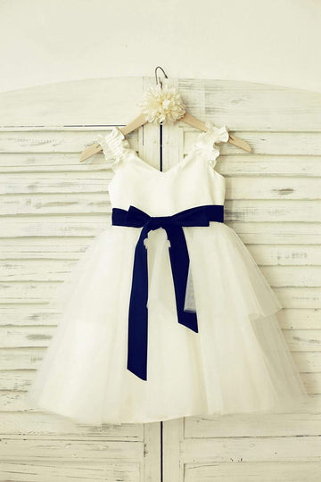 Girls V Neck Ivory Satin Tulle Flower Girl's Dress Party Dress with Navy Blue Sash