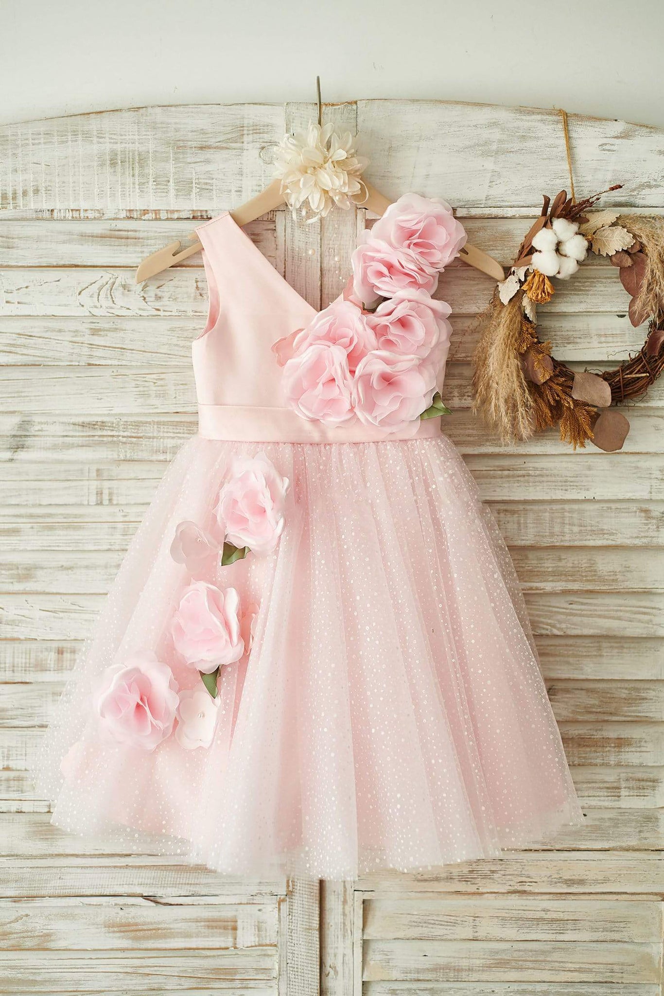 Girls V Neck Pink Satin Tulle Flower Girl's Dress Party Dress