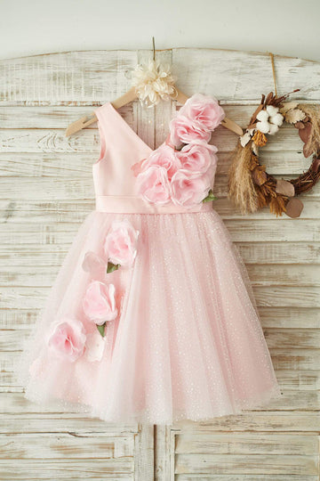 Girls V Neck Pink Satin Tulle Flower Girl's Dress Party Dress