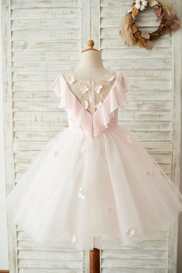 Girls Pink Chiffon Tulle Sheer Neck Party Dress