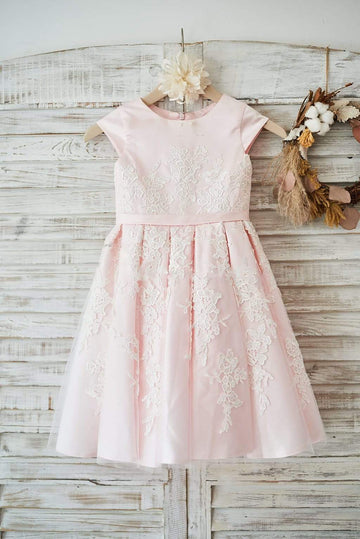 Girls Pink Satin Ivory Tulle Lace Cap Sleeves Party Dress Flower Girl Dress with Belt