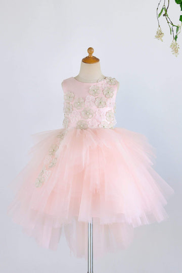 Girls Pink Satin Tulle 3D Flowers Hi-low Flower Girl's Dress Party Communion Dress