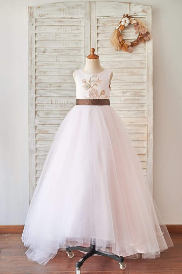 Girls Pink Satin Tulle U Back Flower Girl's Dress Party Dress Communion Dress