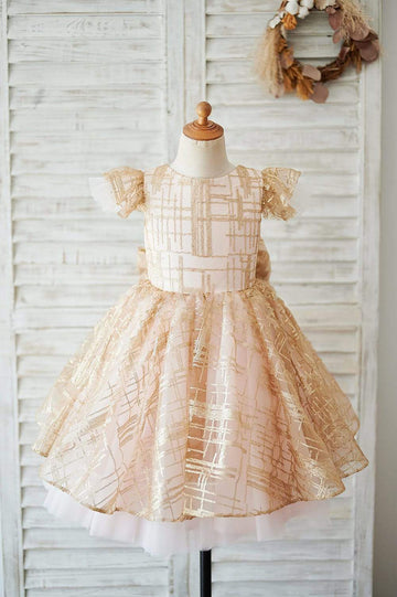 Girls Princess Pink Tulle Champagne Sequin Party Dress