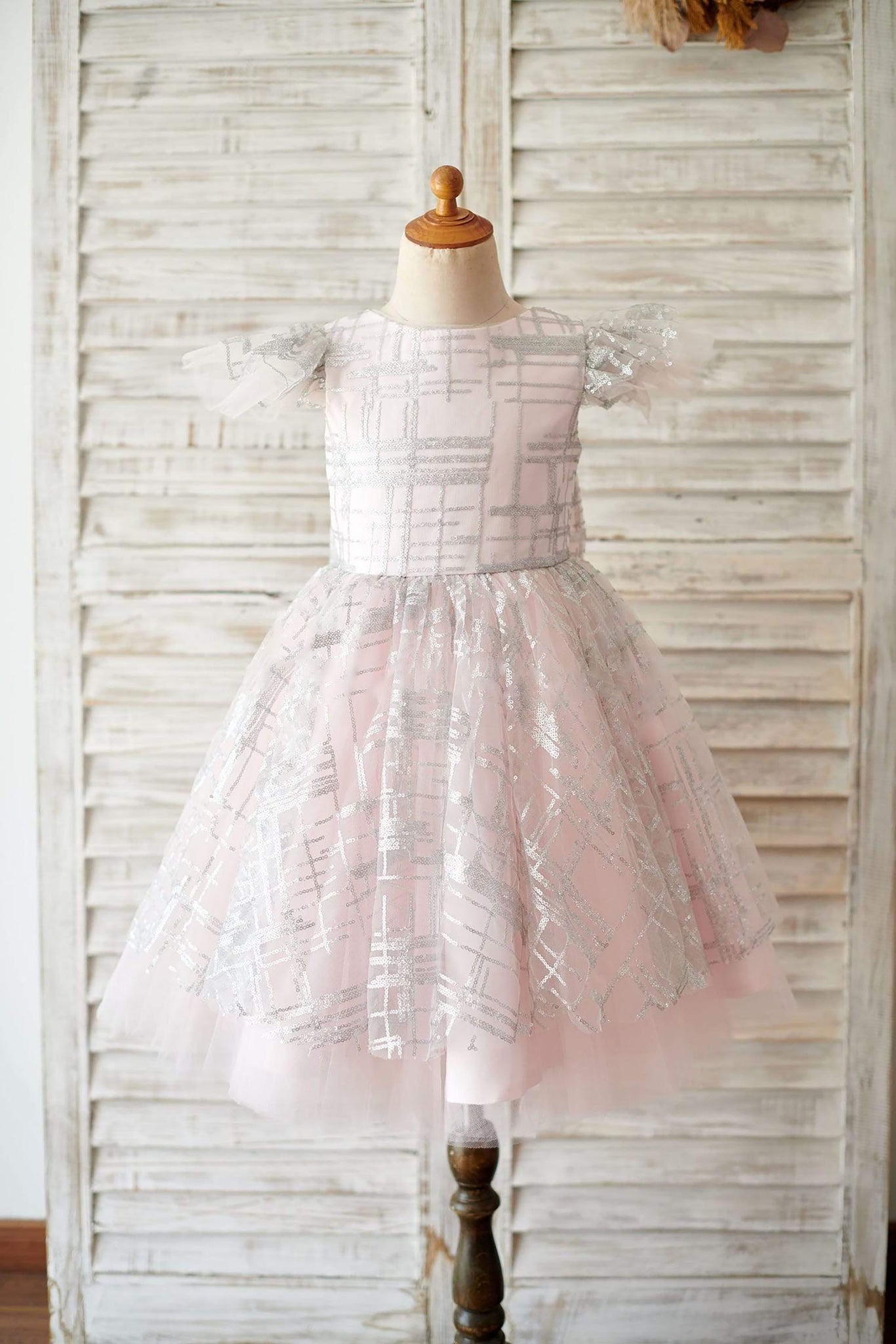 Girls Princess Cap Sleeves V Back Pink Tulle Silver Sequin Party Dress
