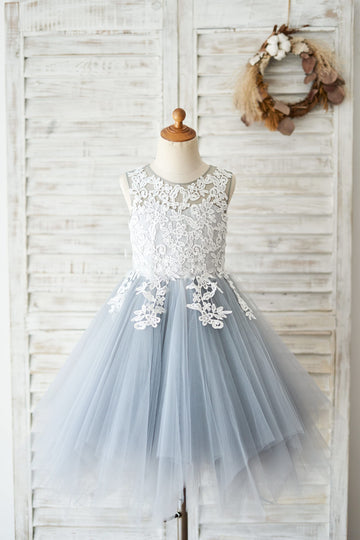 Girls Princess Ivory Lace Gray Tulle Flower Girl's Dress Party Dress Communion Dress