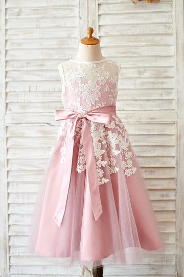 Girls Princess Ivory Lace Mauve Tulle Sheer Neck Flower Girl Dress Party Dress