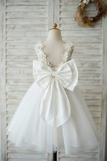 Girls Ivory Lace Tulle  Flower Girl's Dress Party Dress Communion Dress with Big Bow