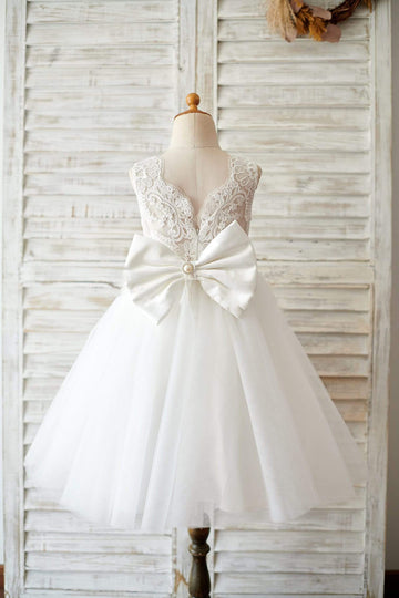 Girls Princes Ivory Lace Tulle Communion Dress Party Dress Flower Girl's Dress with Big Bow