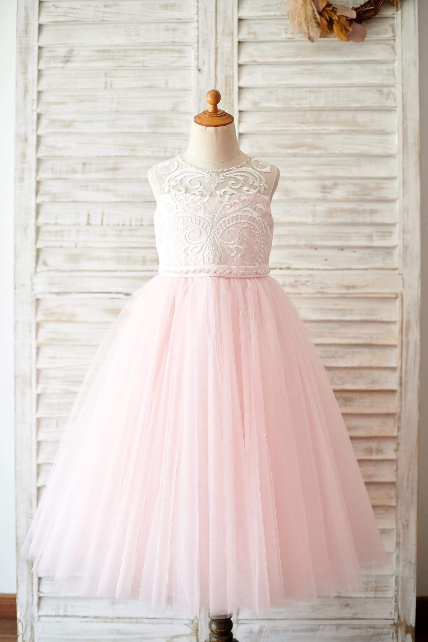 Girls Princess Ivory Lace Pink Tulle  Flower Girl's Dress Party Dress Communion Dress