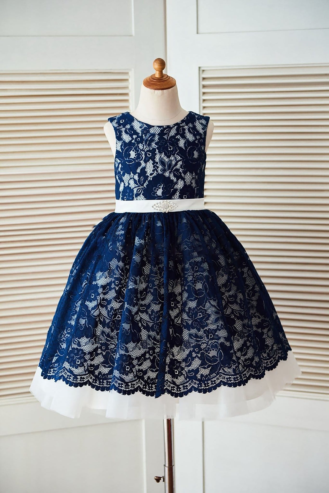 Girls Princess Navy Blue Lace Ivory Tulle Party Dress